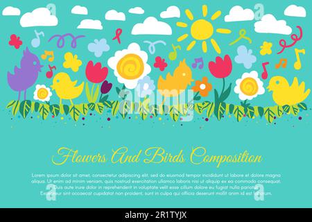 Striscione piatto di uccelli e fiori con copyspace. Poster primaverile, composizione di pollo e fiori Illustrazione Vettoriale