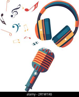 Microfono con cuffie e note musicali. Illustrazione vettoriale con tecnica piatta Illustrazione Vettoriale