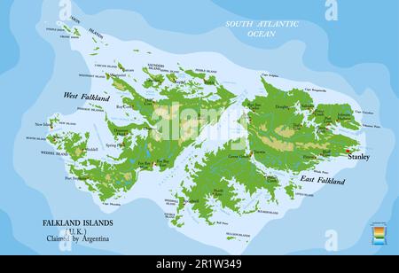 Mappa fisica altamente dettagliata delle isole Falkland in formato vettoriale, con tutte le forme di rilievo, le regioni e le grandi città. Illustrazione Vettoriale