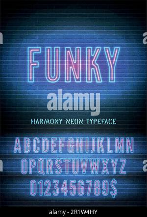 Segno funky e blu rosa neon carattere grassetto stretto con numeri su sfondo vettoriale muro di mattoni scuri. Luce notturna con effetto luce soffusa Illustrazione Vettoriale