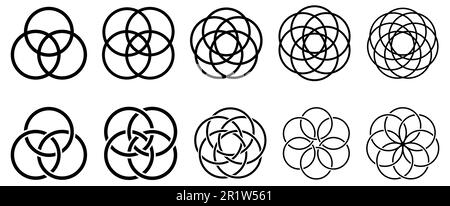 Disegno vettoriale semplice con cerchi sovrapposti, versione con da tre a sette oggetti, anche in stile round interbloccati Illustrazione Vettoriale