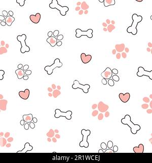 Carino motivo senza cuciture con zampa, osso e cuori di animali domestici. Illustrazione vettoriale su sfondo bianco. Illustrazione Vettoriale