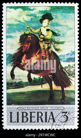 MOSCA, RUSSIA - 08 APRILE 2023: Francobollo stampato in Liberia mostra Velazquez: Il principe Balthasar Carlos a Horseback, serie di dipinti, circa 1969 Foto Stock