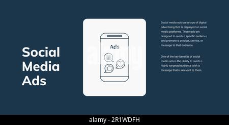 Banner sui social media su sfondo blu. Elegante banner SMM con testo bianco e icone per il business e il marketing Illustrazione Vettoriale