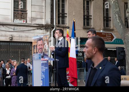 Marignane, Francia. 12th maggio, 2023. Jordan Bardella, presidente del Rassemblement National (RN), interviene durante la cerimonia. Politico francese e presidente del partito Rassemblement National (RN) Jordan Bardella inaugura l'ufficio del vice del suo partito Franck Allisio eletto nel 2022 a Marignane, in Francia. Credit: SOPA Images Limited/Alamy Live News Foto Stock