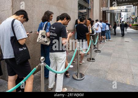 Long Lines, al di fuori della ridisegnata, Tiffany and Company, negozio di punta sulla 5th Avenue, 2023, New York City, USA Foto Stock