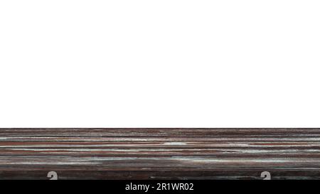 Vista frontale del tavolo in legno con sfondo bianco per l'esposizione del prodotto. Foto Stock