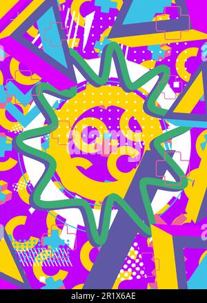 Vivace esplosione colorata forme geometriche sfondo. Modello di geometria casuale vintage multicolore astratto. Grafica geometrica con colori vivaci e semplici Illustrazione Vettoriale