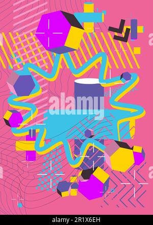 Vivace esplosione colorata forme geometriche sfondo. Modello di geometria casuale vintage multicolore astratto. Grafica geometrica con colori vivaci e semplici Illustrazione Vettoriale