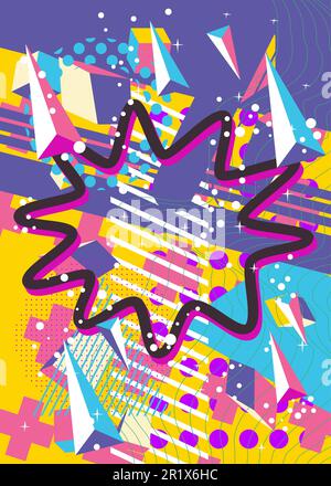 Vivace esplosione colorata forme geometriche sfondo. Modello di geometria casuale vintage multicolore astratto. Grafica geometrica con colori vivaci e semplici Illustrazione Vettoriale