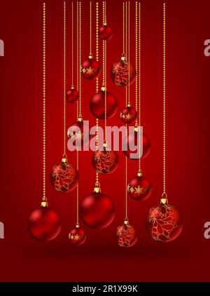 Albero di Natale fatto di palle di natale su sfondo rosso. Illustrazione Vettoriale