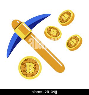 Estrazione di criptovalute o bitcoin, estrazione di monete con martelletto Illustrazione Vettoriale