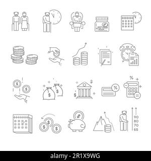 Pensioni e pensioni icone isolate, anziani depositi di denaro Illustrazione Vettoriale