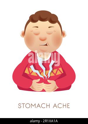 Mal di stomaco, sintomo di avvelenamento da cibo, bambino malato isolato Illustrazione Vettoriale