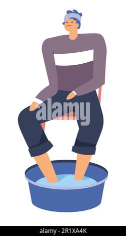 Raffreddore o influenza, l'uomo scalda le gambe in acqua calda con bendaggio sulla testa Illustrazione Vettoriale