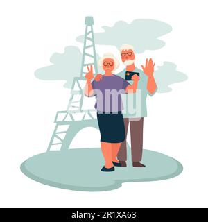 Coppia anziana che viaggia a Parigi, nonni che prendono selfie con la Torre Eiffel Illustrazione Vettoriale