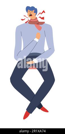 Uomo con tosse a sciarpa, mal di gola, carattere maschile isolato Illustrazione Vettoriale