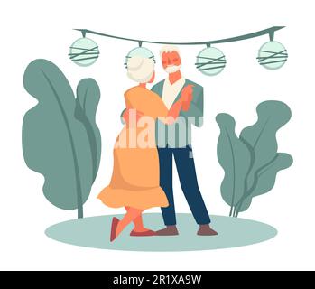 Nonna e nonno ballano nel parco, felice pensione, data Illustrazione Vettoriale