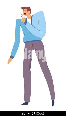 Uomo con mal di gola, forte tosse, polmonite o malattie respiratorie Illustrazione Vettoriale