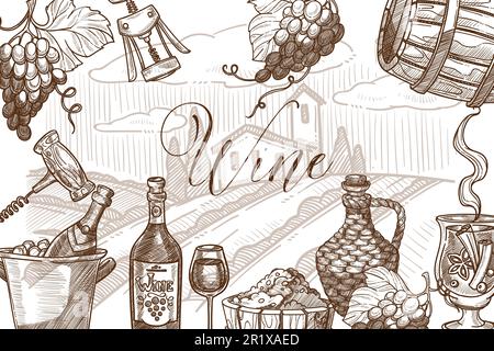 Disegno del modello del banner vettoriale della cornice del vino. Illustrazione Vettoriale