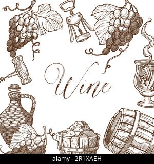 Disegno del modello del banner vettoriale della cornice del vino. Illustrazione Vettoriale