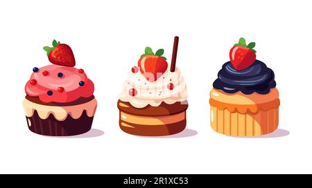 Mettere i cupcake su uno sfondo bianco. Illustrazione vettoriale. Illustrazione Vettoriale