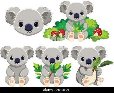 Carino koala orso cartone animato set illustrazione Illustrazione Vettoriale