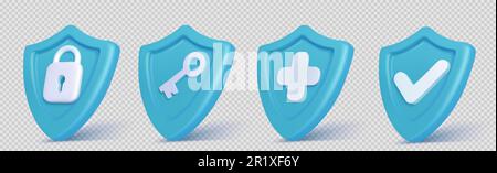 Set realistico di icone blu di protezione isolate su sfondo trasparente. Illustrazione vettoriale di 3D simboli di sicurezza con simboli di blocco, chiave, croce, segno di spunta. Protezione della privacy dei dati, tecnologia antivirus Illustrazione Vettoriale