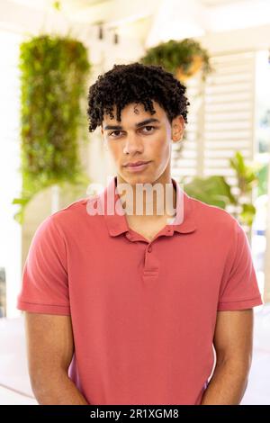 Ritratto di felice uomo biraciale con capelli ricci neri a casa Foto Stock