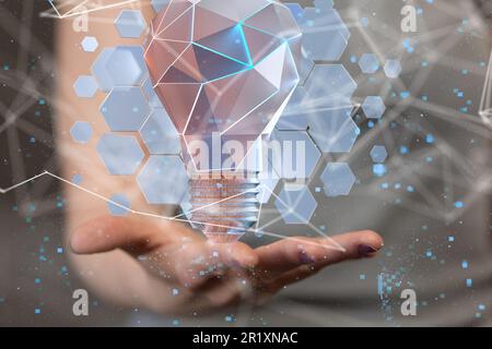 Una composizione astratta con forme geometriche e linee che galleggiano sopra la mano di una donna Foto Stock