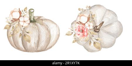 Acquerello Set illustrativo bouquet di zucca e cotone disegnato a mano, composizione autunnale, fiori d'autunno clipart, tempo di raccolta Foto Stock