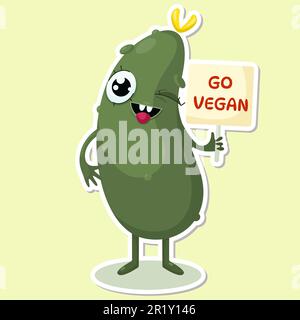 Go vegan cetriolo carino personaggio adesivo Illustrazione Vettoriale
