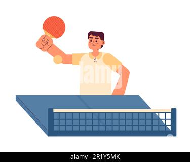 Uomo asiatico con paddle giocare a ping-pong partita semi piatto carattere vettore colorato Illustrazione Vettoriale