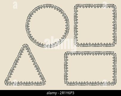 Design tribale, set di contorni per cornici. Linea decorativa a zig-zag, collezione di bordi con tratti d'inchiostro disegnati a mano. Forme circolari, quadrate, rettangolari, triangolari Illustrazione Vettoriale