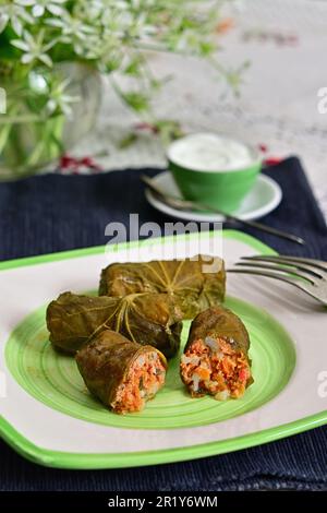 Dolma Rolls ripieni di carne, riso e verdure arrotolati in foglie di Lindens con Crema Foto Stock