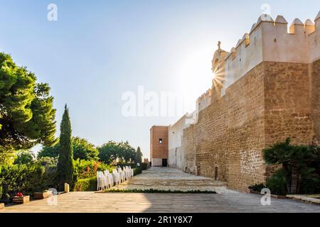 Grande vista dell'Alcazaba di Almeria, un complesso fortificato nel sud della Spagna, costruzione di cittadella difensiva con mura, torri, piazze, case e. Foto Stock