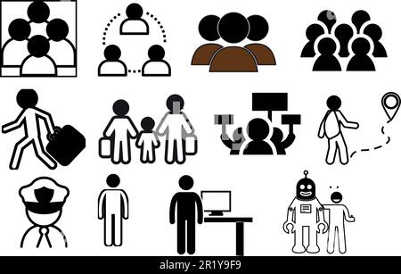 Un vettore con comunità, persone, umani e poliziotti, icone robot Illustrazione Vettoriale