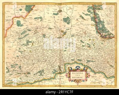 Atlas, mappa del 1623, Palatinato e Baviera, Germania, riproduzione restaurata digitalmente da un'incisione di Gerhard Mercator, nato come Gheert Cremer, 5 marzo 1512 - 2 dicembre 1594, geografo e cartografo / Landkarte aus dem Jahre 1623, Palatina und Bavariae, Pfalz und Bayern, Digital restaurierte Reproduktion von einem Kupferstich von Gerhard Mercator, geboren als Gheert Cremer, 5. März 1512 - 2. Dezember 1594, Geograph und Kartographf Foto Stock