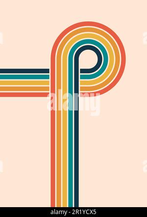 Retro strisce lettera P. vintage 70s linee colorate sfondo. Poster di copertina in vecchio stile. Spazio di copia. Incrocio infinito con arcobaleno o incrocio. Illustrazione Vettoriale