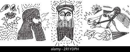 Risorse grafiche di illustrazioni di ispirazione mesopotamiana disegnate a mano. Illustrazione di sculture di linea classiche per stampe di magliette, poster, adesivi Illustrazione Vettoriale