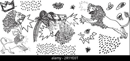 Risorse grafiche con stile contemporaneo di illustrazioni di ispirazione mesopotamiana disegnate a mano. Illustrazione della scultura di linea per stampe di t-shirt, poster, Illustrazione Vettoriale