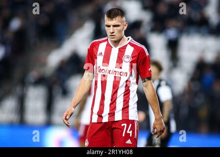 Salonicco, Grecia. 14th maggio, 2023. Il giocatore di Olympiacos Andreas Ndoj durante una partita di calcio della Superleague Playoff tra il PAOK FC e l'Olympiacos FC. (Credit Image: © Giannis Papanikos/ZUMA Press Wire) SOLO PER USO EDITORIALE! Non per USO commerciale! Foto Stock