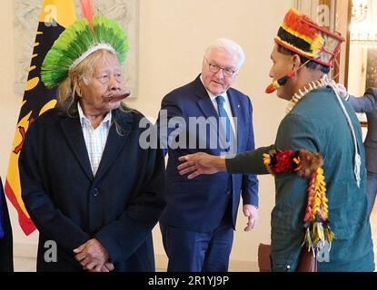 Berlino, Germania. 16th maggio, 2023. Il presidente tedesco Frank-Walter Steinmeier (m) invita il leader tribale Raoni Metuktire (l), rappresentante delle preoccupazioni delle popolazioni indigene dell'Amazzonia e della protezione della foresta pluviale, in una stanza del Palazzo Bellvue, mentre la Cacique TAPI, co-fondatore dell'organizzazione della foresta pluviale AFV si trova accanto a lui. Il Presidente Federale invita il Capo Metuktire a una conversazione. Credit: Annette Riedl/dpa/Alamy Live News Foto Stock