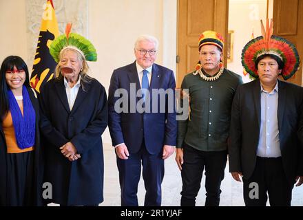 Berlino, Germania. 16th maggio, 2023. Watatakalu Yawalapiti (l-r), co-fondatore dell'organizzazione femminile indigena Anmiga e Atix-Woman, leader tribale Raoni Metuktire, rappresentante delle preoccupazioni delle popolazioni indigene dell'Amazzonia e della protezione della foresta pluviale, Frank-Walter Steinmeier, presidente federale, la Cacique TAPI, co-fondatore dell'organizzazione della foresta pluviale AFV e Bemoro Metuktire, membro AFV stand a Bellevue Palace. Il Presidente Federale invita il Capo Metuktire a parlare. Credit: Annette Riedl/dpa/Alamy Live News Foto Stock