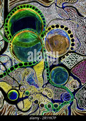 Barbatella neurografica di sfere con colori gemstone. La tecnica di dabbing vicino ai bordi dà un effetto di messa a fuoco molle dovuto la ruvidità di superficie alterata Foto Stock