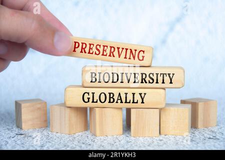 Preservare la biodiversità a livello globale testo su blocchi di legno. Conservazione e natura concetto Foto Stock