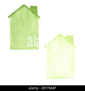 Un insieme di illustrazioni acquerello di case con tetti e camini di colore verde e verde chiaro. evidenziare su sfondo bianco. Adatto per Foto Stock