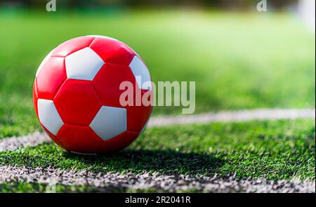 Pallone da calcio in pelle sul campo da calcio Foto Stock