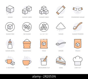 Set di icone della linea dello zucchero. Dolcificante, polvere, glucosio, sacchetto, bustina, solubile, confezione, caffè immagine vettoriale minima. Semplice segno di contorno per dolce Illustrazione Vettoriale