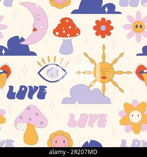 Sfondo hippie groovy 1970s. Divertente cartone animato fiore, arcobaleno, pace, Amore, cuore, margherita, fungo, ecc. Illustrazione Vettoriale